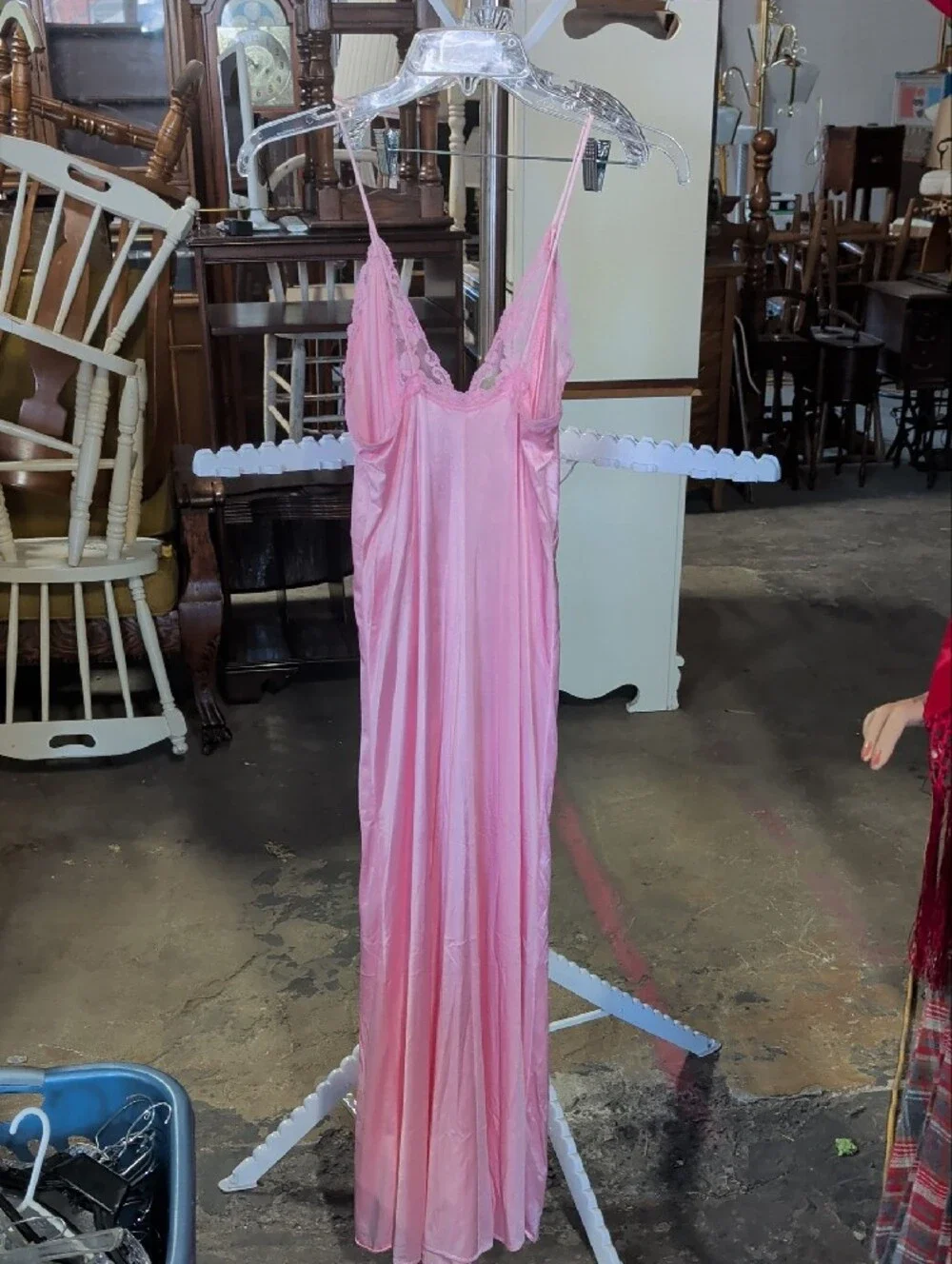 Vintage 80s 90s Val Mode Pink Satin Lace Long Nightgown Slip Dress Coquette